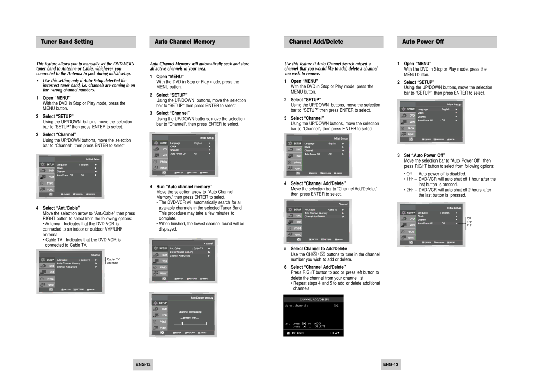 Samsung DVD-V4500 instruction manual Tuner Band Setting, Channel Add/Delete Auto Power Off, Auto Channel Memory 