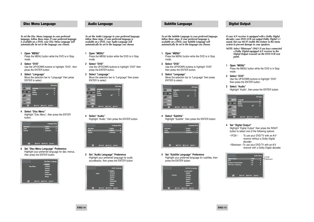 Samsung DVD-V4500 instruction manual Disc Menu Language, Subtitle Language Digital Output, Audio Language 