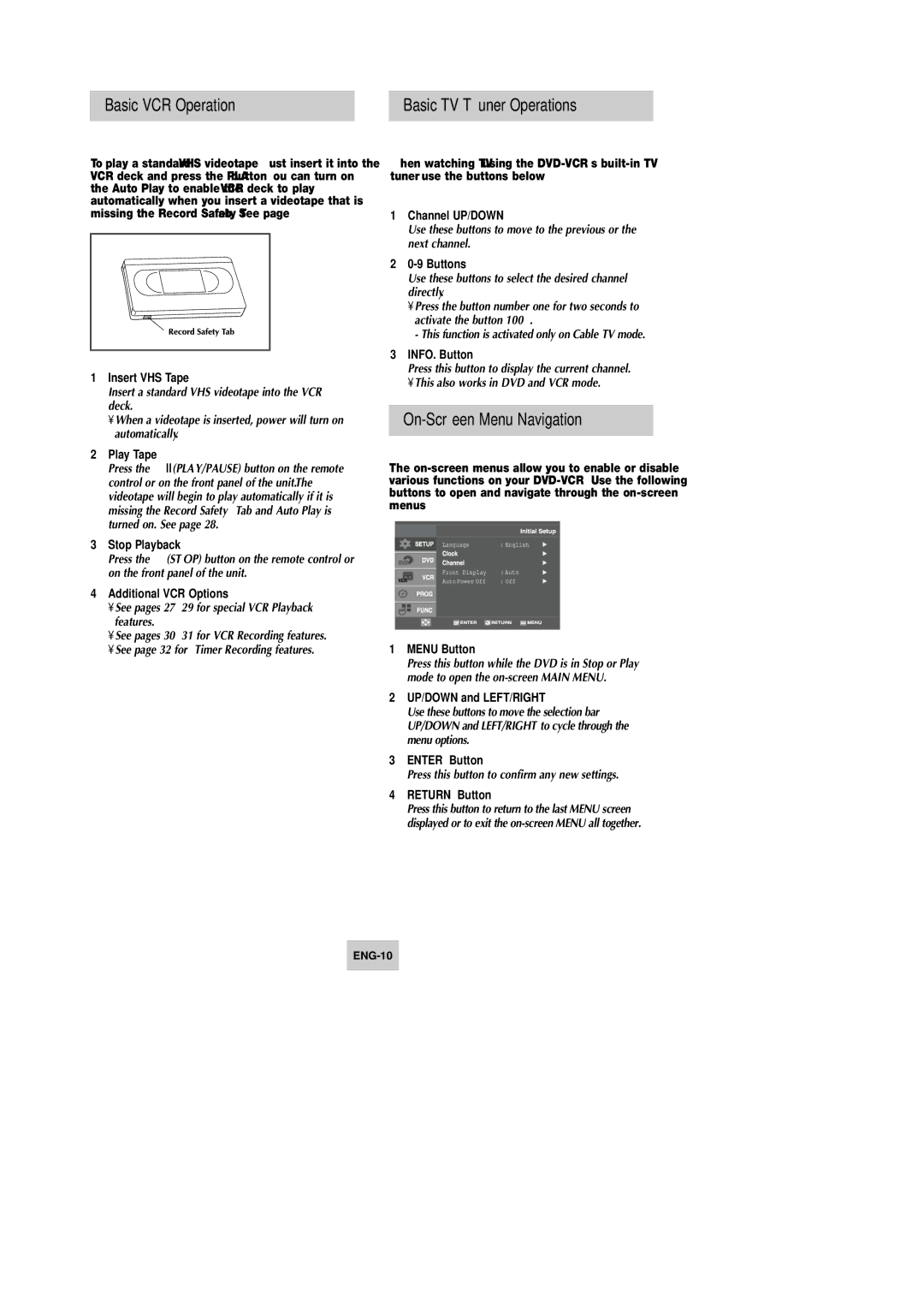 Samsung DVD-V4600 instruction manual Basic VCR Operation Basic TV Tuner Operations, On-Screen Menu Navigation 