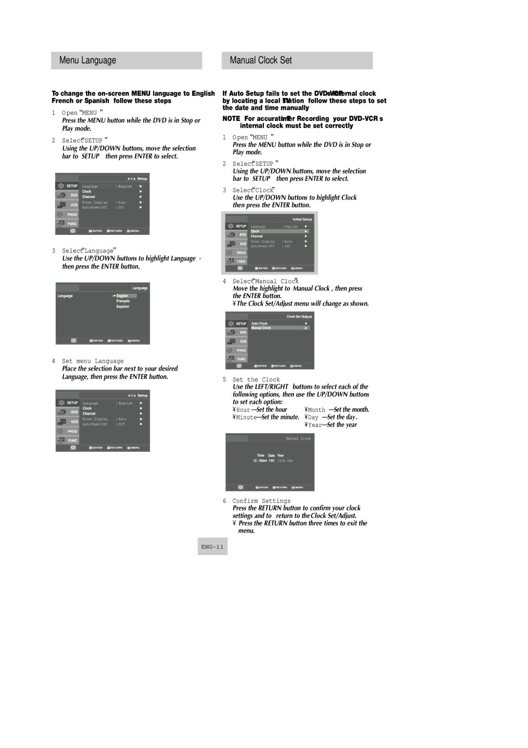 Samsung DVD-V4600 instruction manual Menu Language Manual Clock Set 