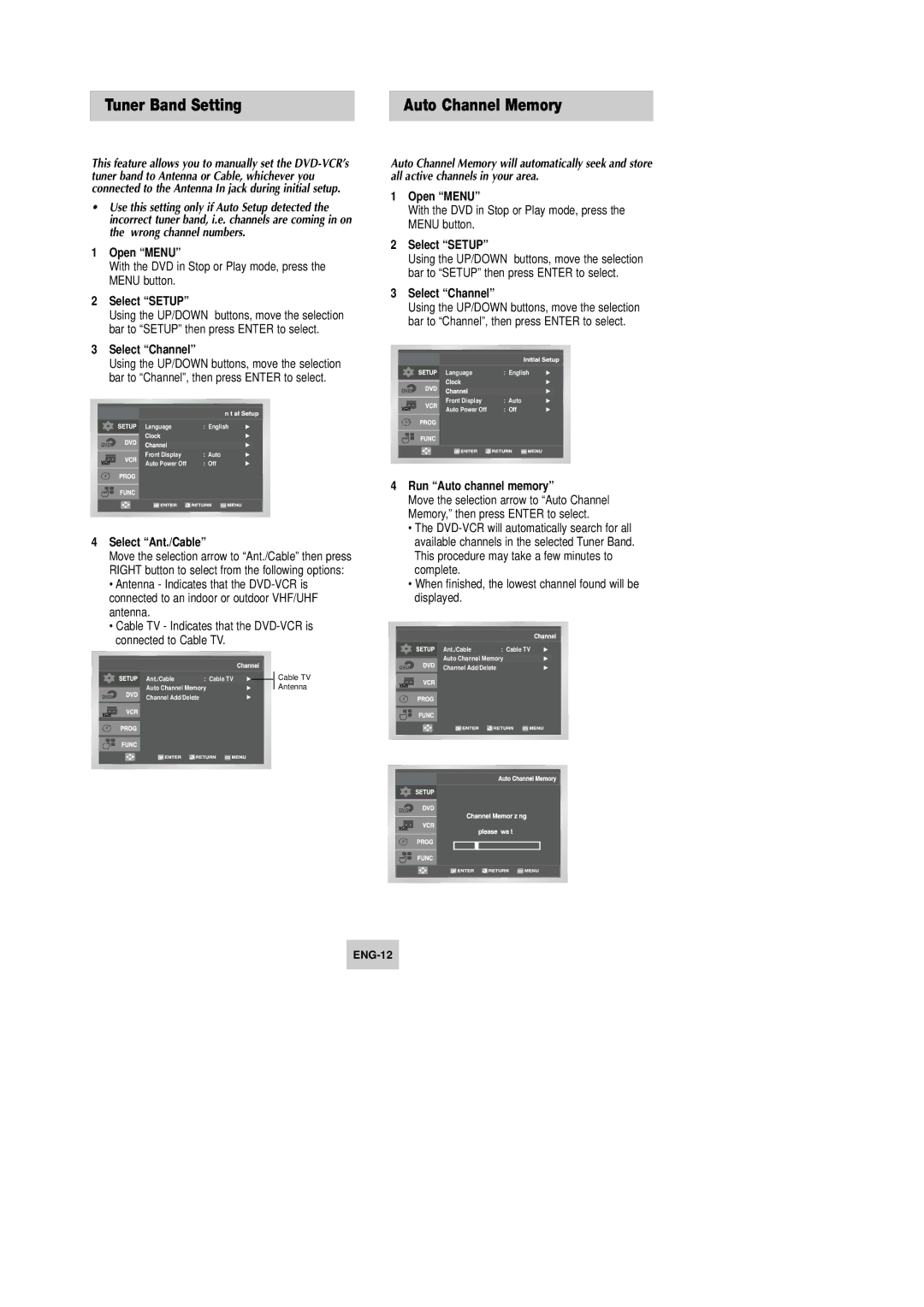 Samsung DVD-V4600 Tuner Band Setting Auto Channel Memory, With the DVD in Stop or Play mode, press the Menu button 