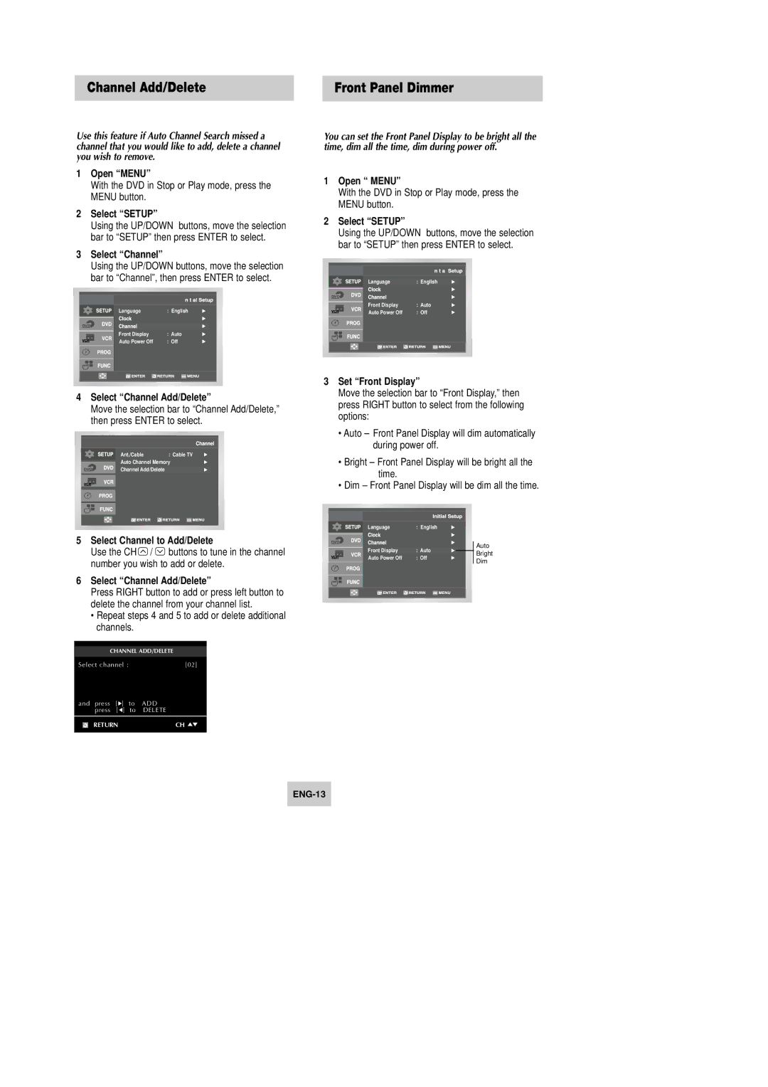 Samsung DVD-V4600 Front Panel Dimmer, Select Channel Add/Delete, Select Channel to Add/Delete, Set Front Display 