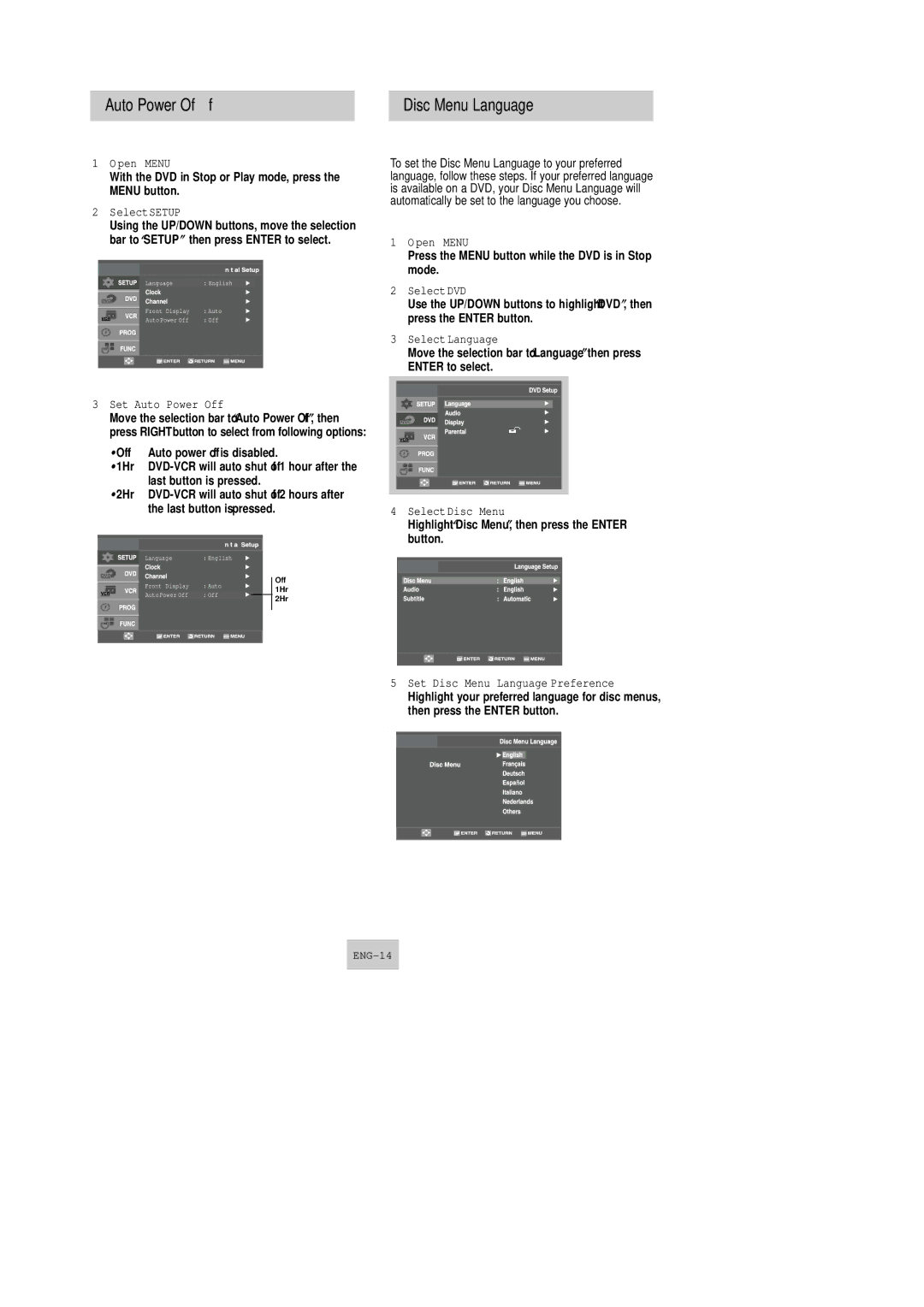 Samsung DVD-V4600 instruction manual Auto Power Off Disc Menu Language, Set Auto Power Off, Select DVD, Select Disc Menu 