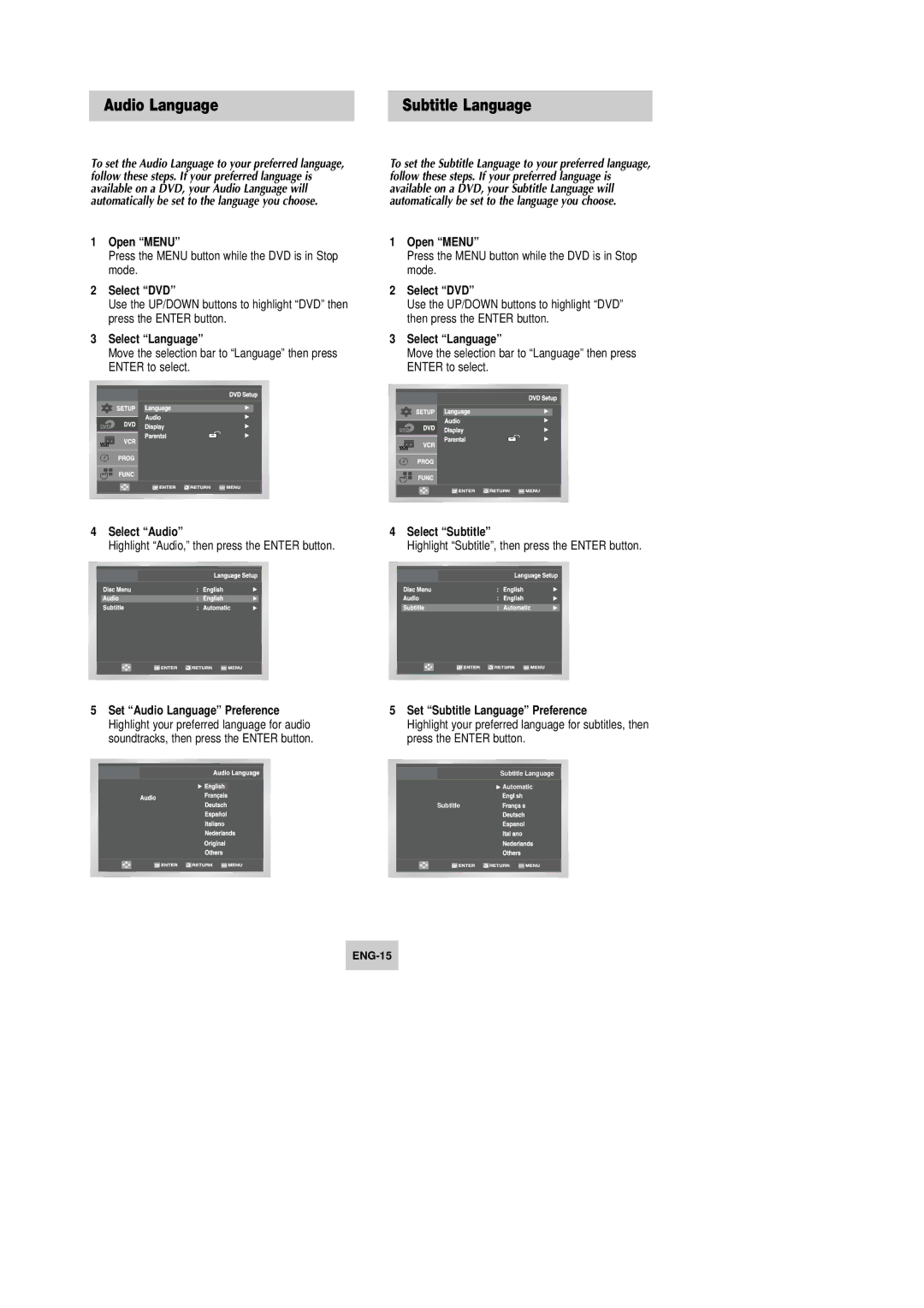 Samsung DVD-V4600 Audio Language Subtitle Language, Select Audio, Select Subtitle, Set Subtitle Language Preference 