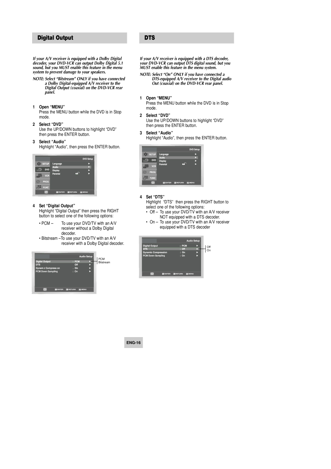 Samsung DVD-V4600 instruction manual Set Digital Output, Set DTS 