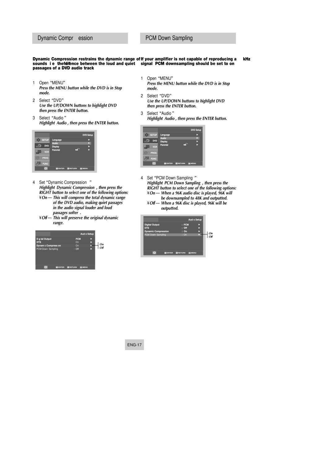 Samsung DVD-V4600 instruction manual Set Dynamic Compression, Set PCM Down Sampling 