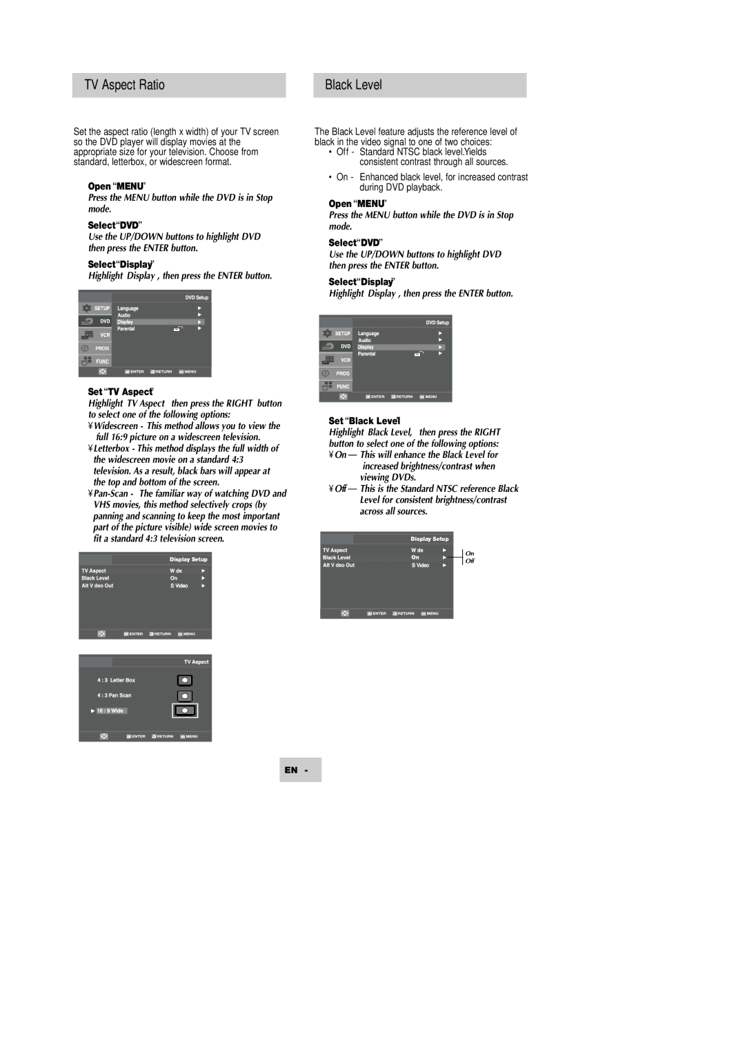 Samsung DVD-V4600 instruction manual TV Aspect Ratio Black Level, Select Display, Set TV Aspect, Set Black Level 