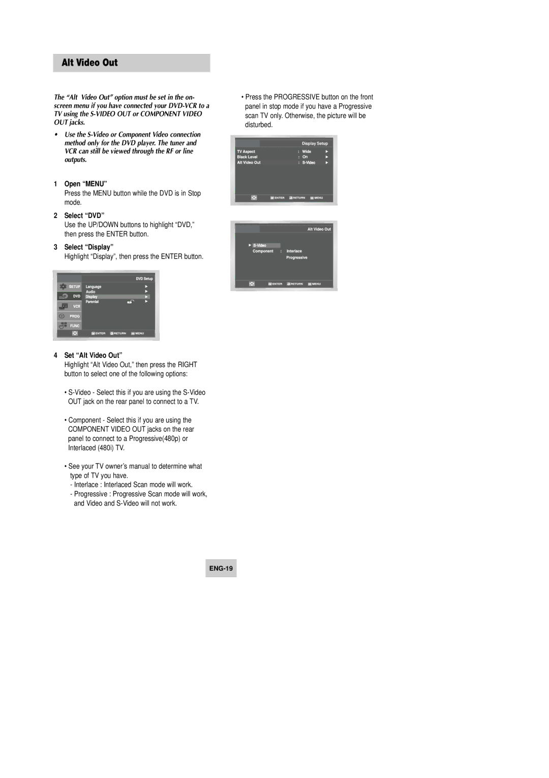 Samsung DVD-V4600 instruction manual Set Alt Video Out, Interlace Interlaced Scan mode will work 