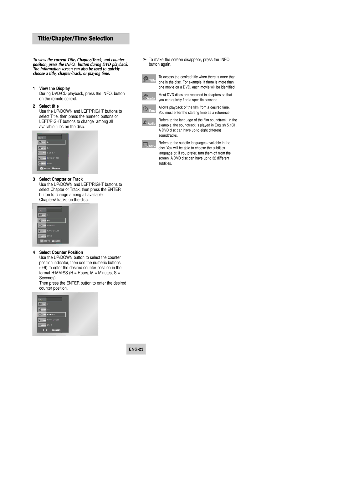 Samsung DVD-V4600 instruction manual Title/Chapter/Time Selection, View the Display, Select title, Select Chapter or Track 