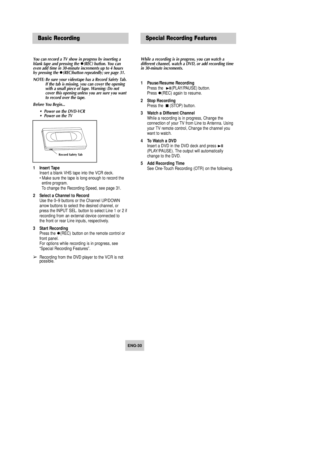 Samsung DVD-V4600 Basic Recording Special Recording Features, Before You Begin Power on the DVD-VCR Power on the TV 