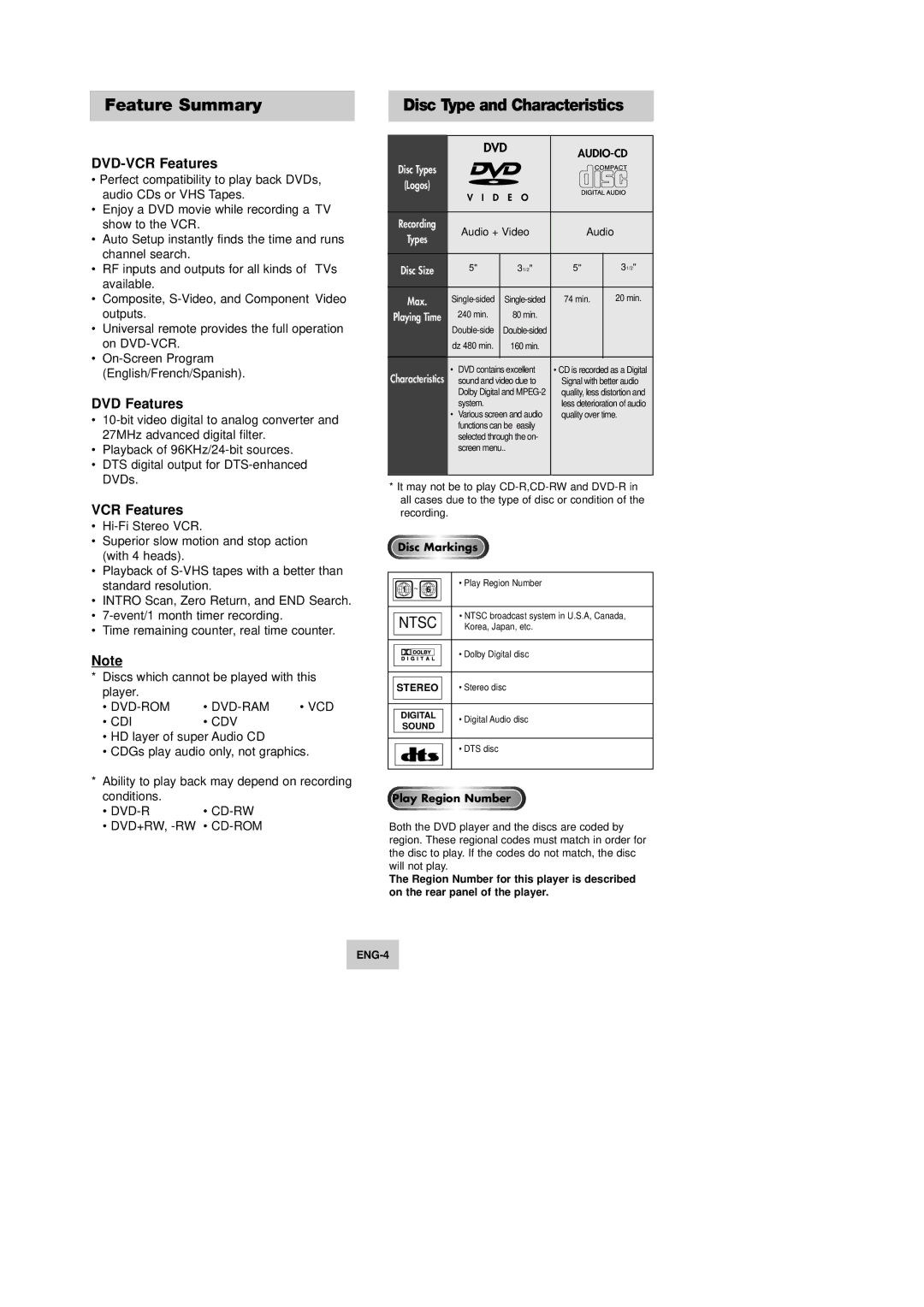 Samsung DVD-V4600 instruction manual Feature Summary, Disc Type and Characteristics 