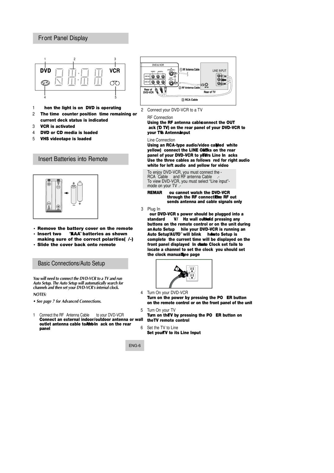 Samsung DVD-V4600 instruction manual Front Panel Display, Insert Batteries into Remote, Basic Connections/Auto Setup 