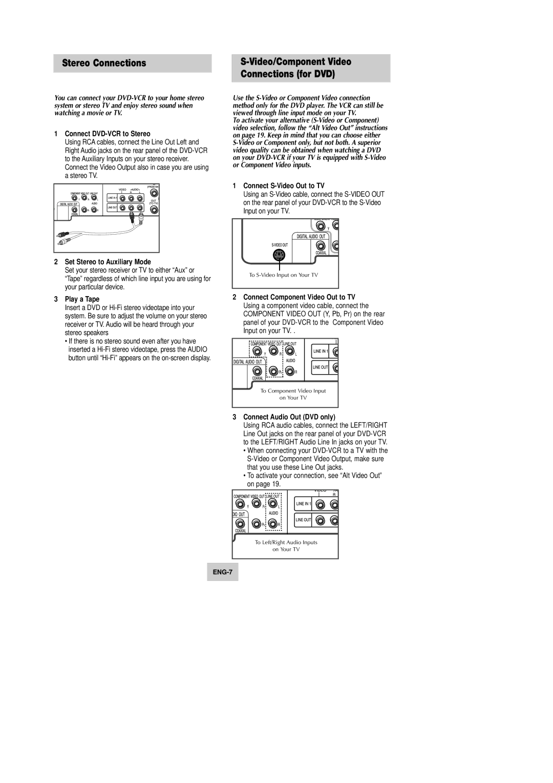 Samsung DVD-V4600 instruction manual Stereo Connections, Video/Component Video Connections for DVD 