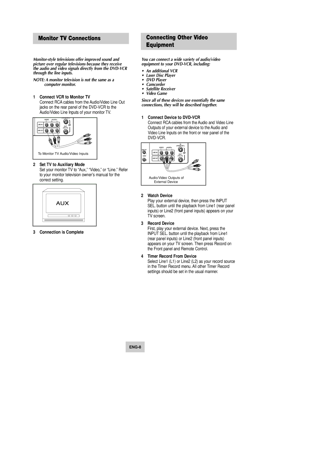 Samsung DVD-V4600 instruction manual Monitor TV Connections, Connecting Other Video Equipment 