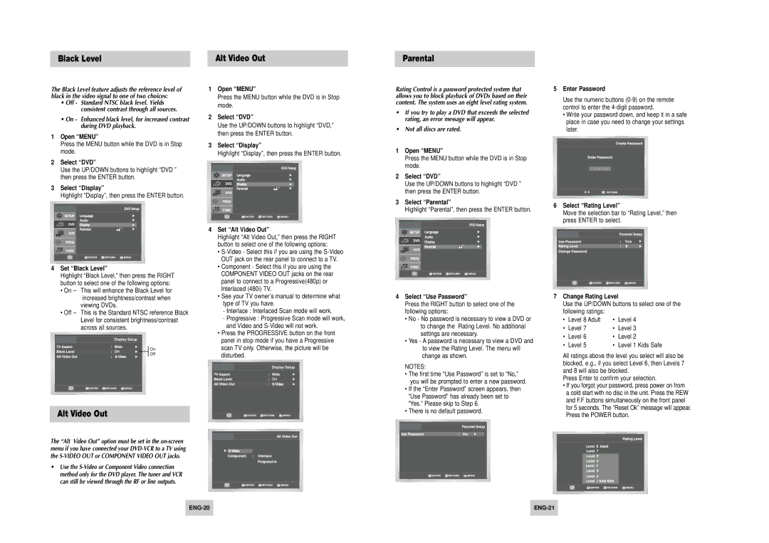 Samsung DVD-V4700 instruction manual Black Level Alt Video Out Parental 