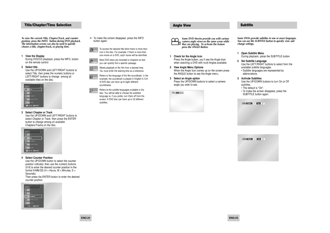 Samsung DVD-V4700 instruction manual Title/Chapter/Time Selection Angle View Subtitle 