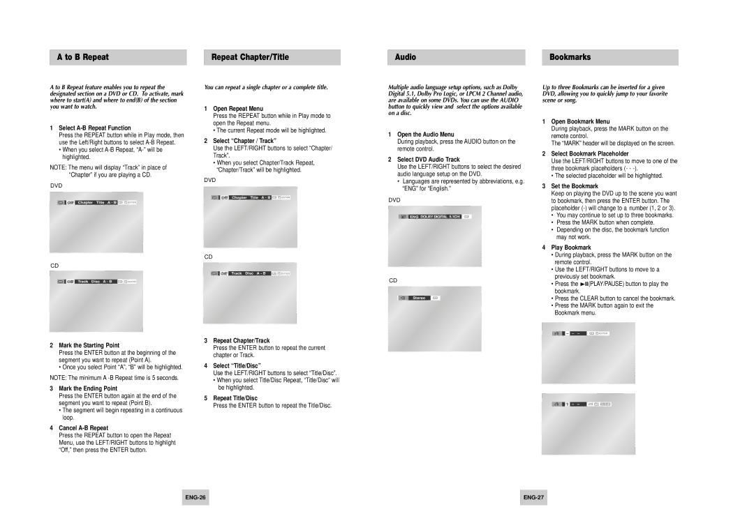 Samsung DVD-V4700 To B Repeat Repeat Chapter/Title Audio, You can repeat a single chapter or a complete title 