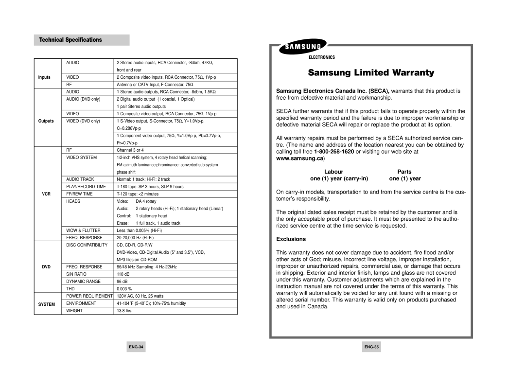 Samsung DVD-V4700 instruction manual Technical Specifications, Outputs, ENG-34 ENG-35 