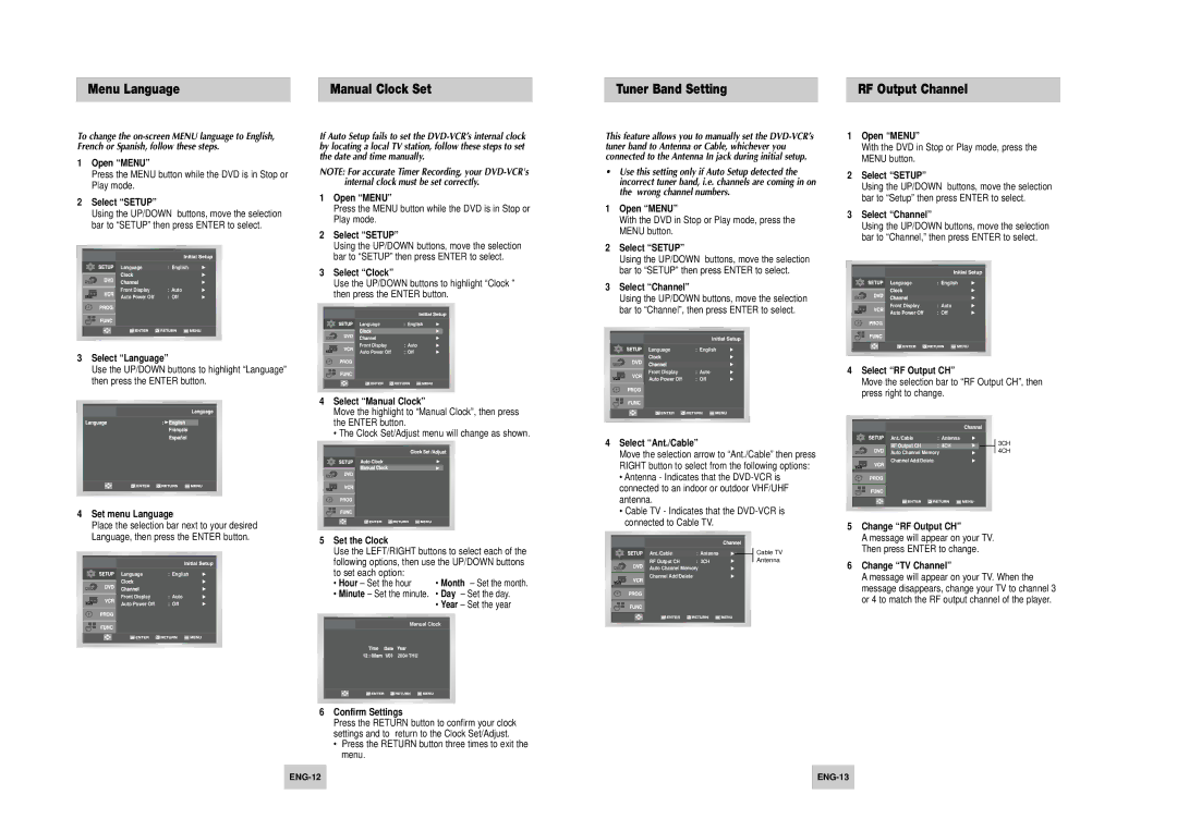 Samsung DVD-V4700 Open Menu, Select Setup, Select Clock, Select Channel, Select Language, Select RF Output CH, ENG-13 