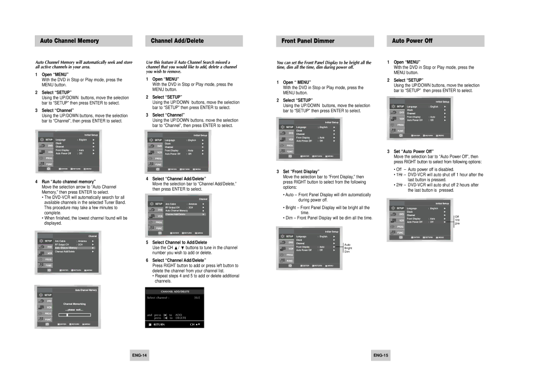 Samsung DVD-V4700 Set Auto Power Off, Run Auto channel memory, Select Channel Add/Delete, Select Channel to Add/Delete 