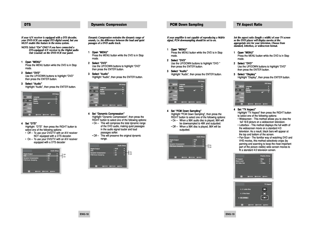 Samsung DVD-V4700 instruction manual PCM Down Sampling, TV Aspect Ratio, Dynamic Compression 