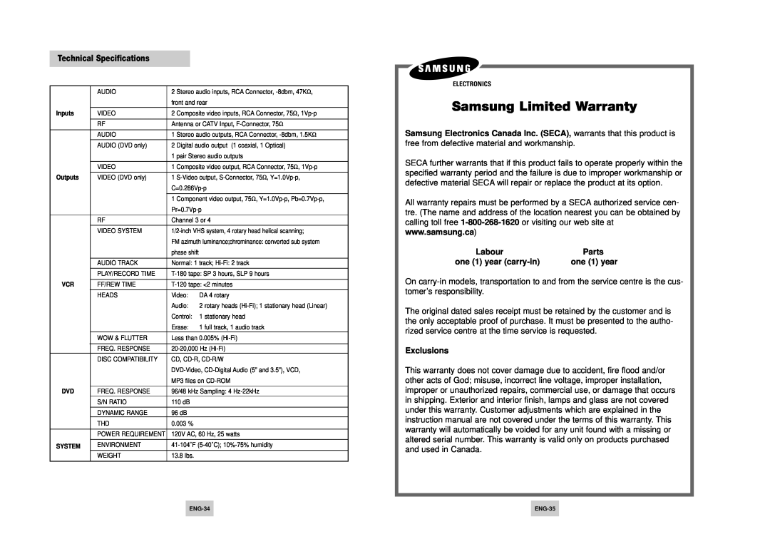 Samsung DVD-V4700 instruction manual Samsung Limited Warranty, Labour, one 1 year carry-in, Exclusions 