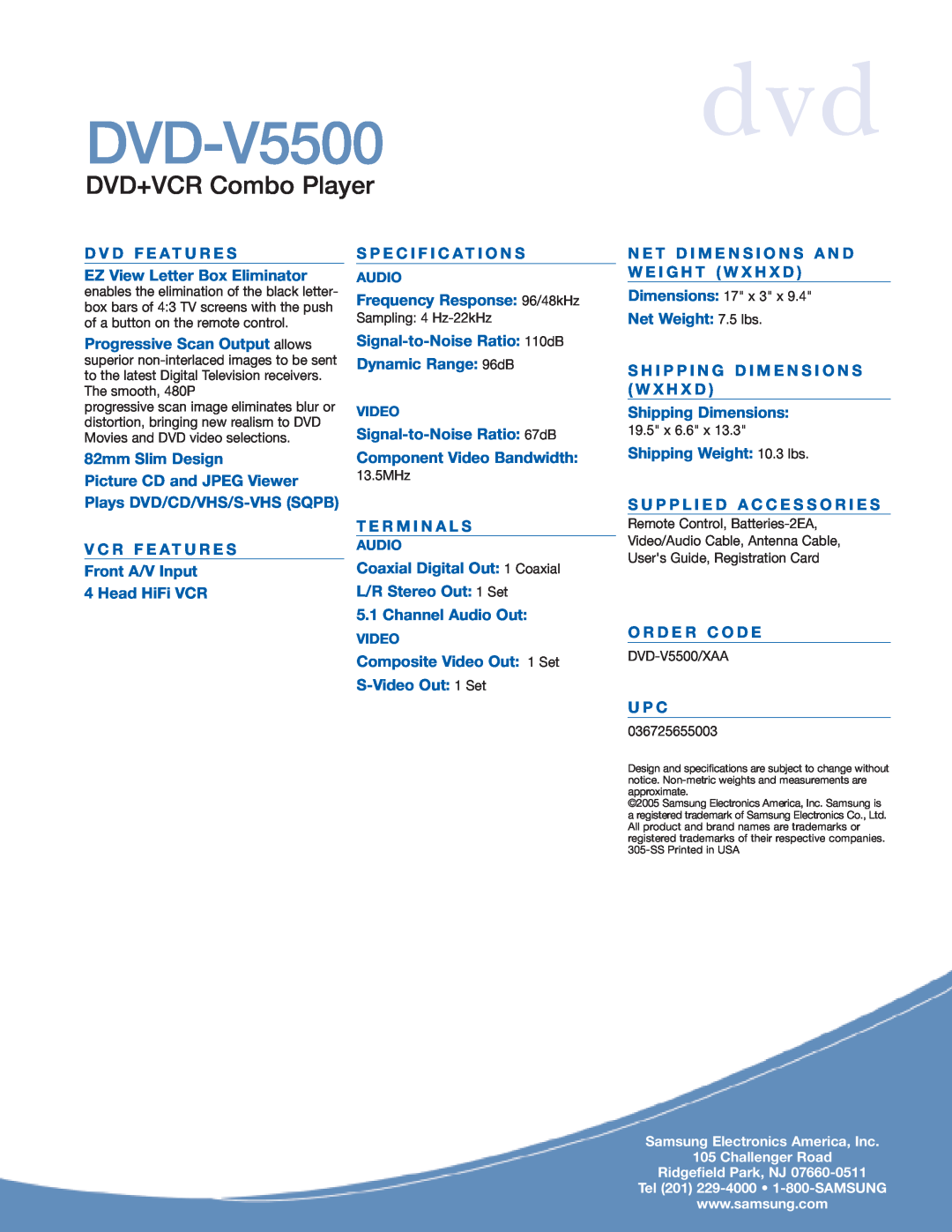 Samsung DVD-V5500 manual DVD+VCR Combo Player, D V D F E AT U R E S EZ View Letter Box Eliminator 