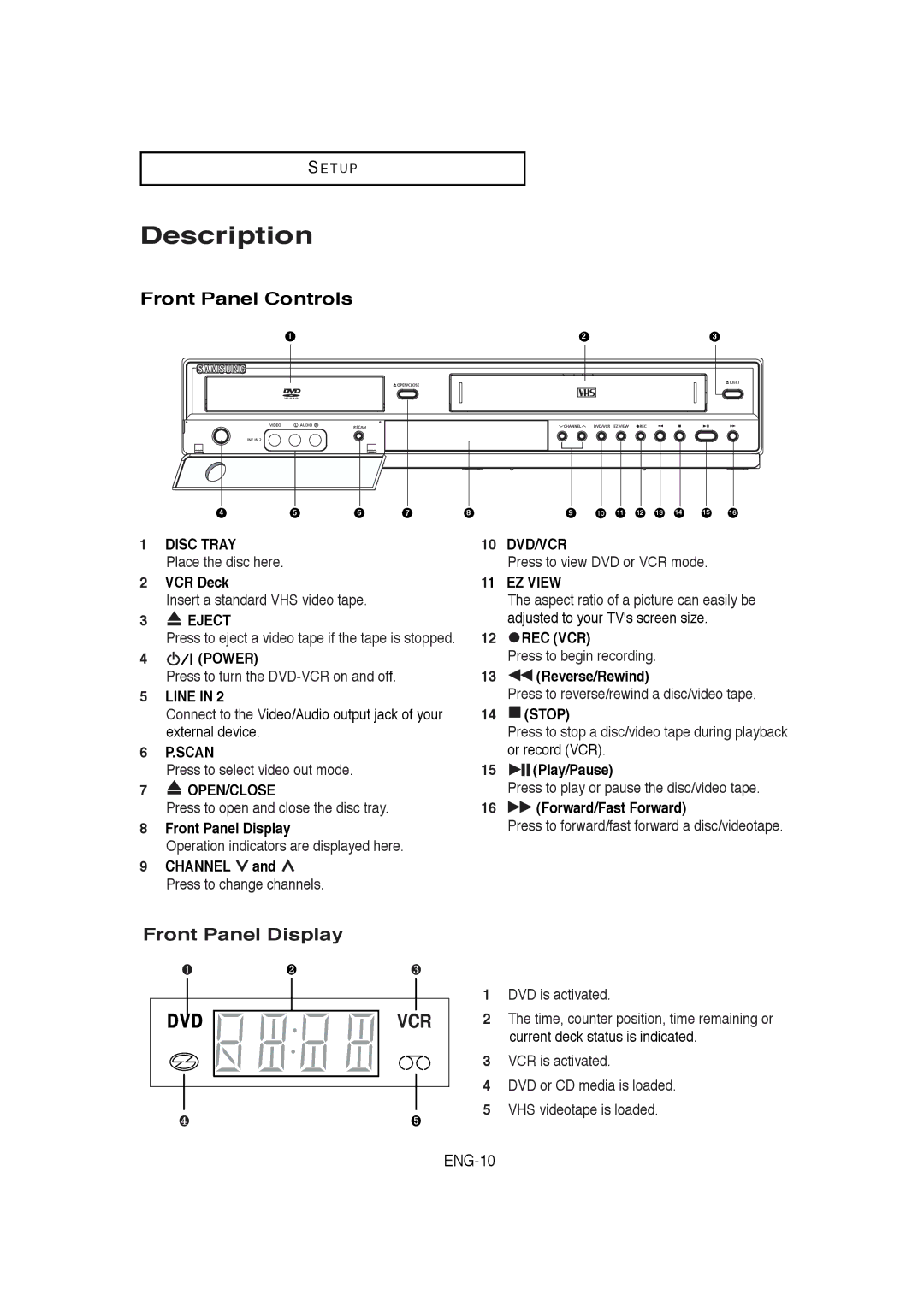 Samsung DVD-V5650B Description, Front Panel Controls, Front Panel Display, VCR is activated, VHS videotape is loaded 