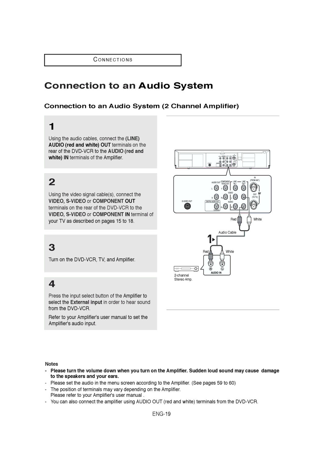 Samsung DVD-V5650 Connection to an Audio System 2 Channel Amplifier, Turn on the DVD-VCR, TV, and Amplifier 