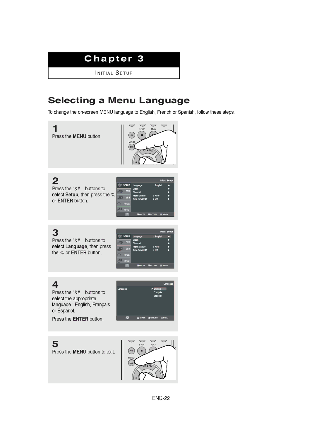 Samsung DVD-V5650B instruction manual Selecting a Menu Language, Press the Enter button, Press the Menu button to exit 