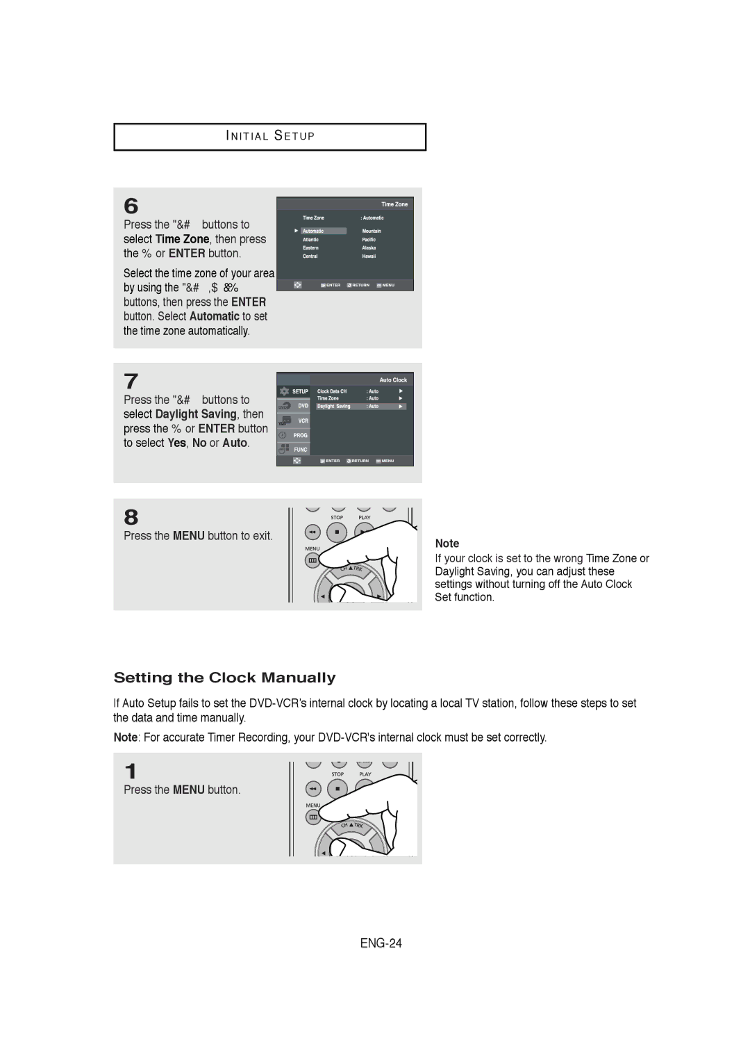 Samsung DVD-V5650B instruction manual Setting the Clock Manually, Select the time zone of your area, Press the Menu button 