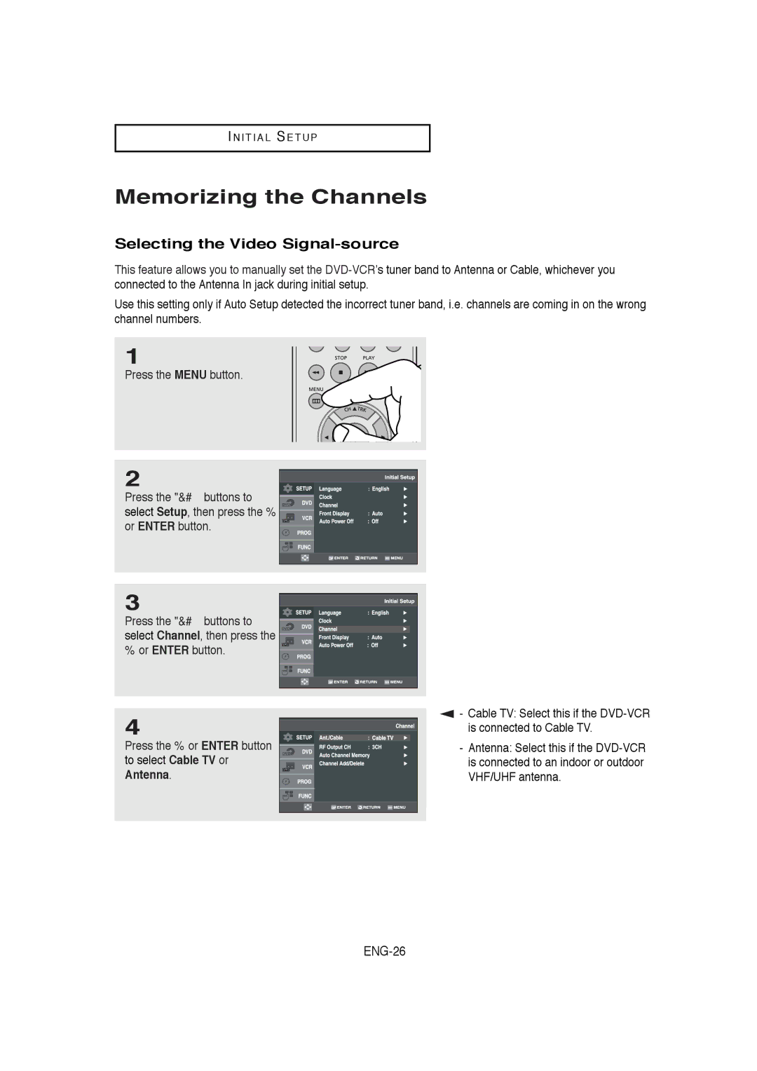 Samsung DVD-V5650B instruction manual Memorizing the Channels, Selecting the Video Signal-source 