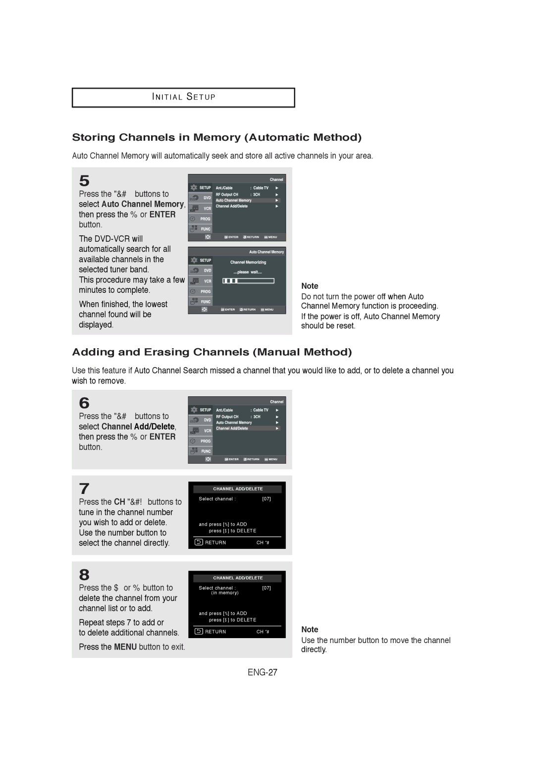 Samsung DVD-V5650B Storing Channels in Memory Automatic Method, Adding and Erasing Channels Manual Method 