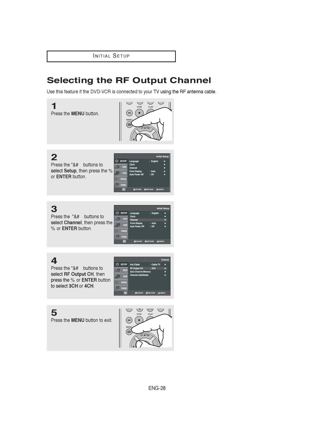 Samsung DVD-V5650B instruction manual Selecting the RF Output Channel, Press the Menu button to exit 