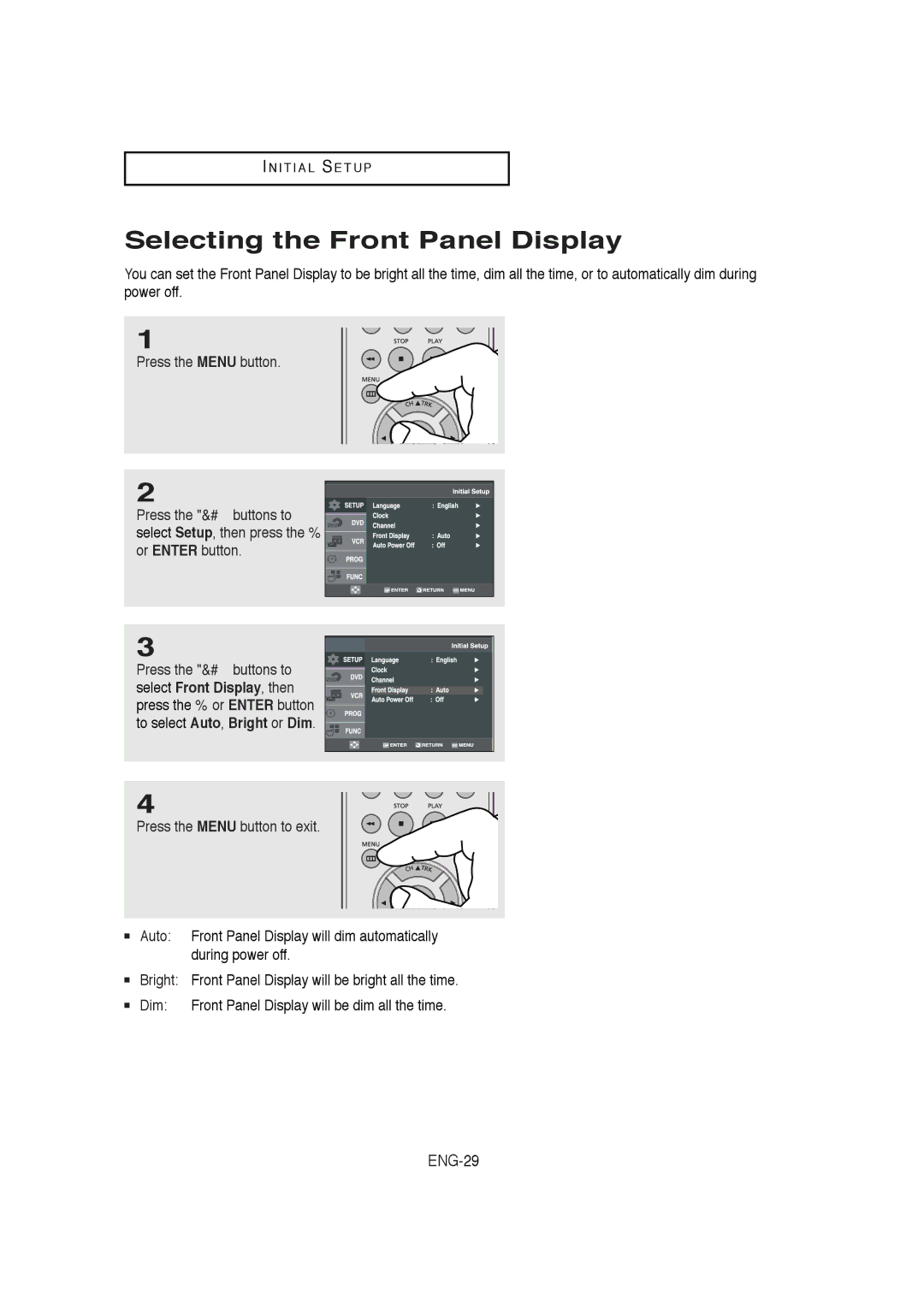 Samsung DVD-V5650B instruction manual Selecting the Front Panel Display, Dim 