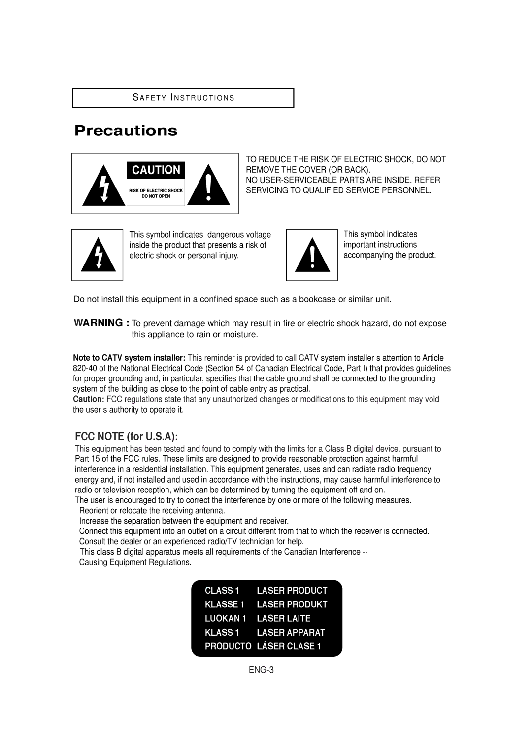 Samsung DVD-V5650B instruction manual Precautions, FCC Note for U.S.A 