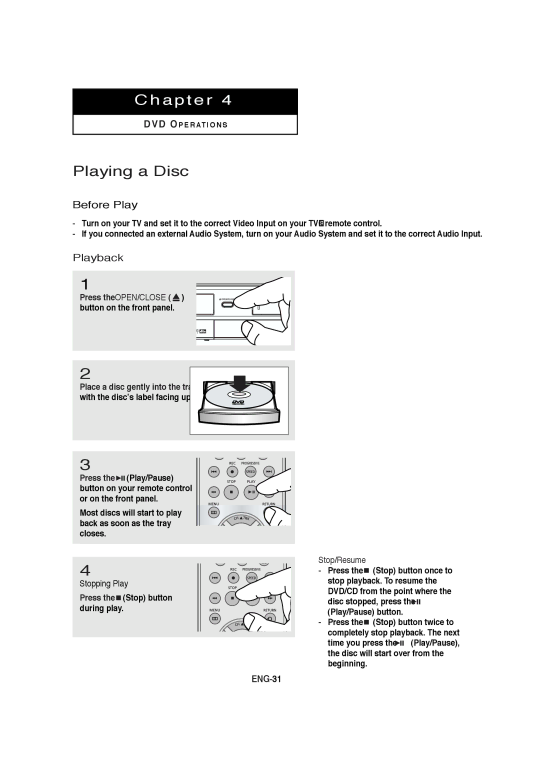 Samsung DVD-V5650B instruction manual Playing a Disc, Before Play, Playback, Stopping Play, Stop/Resume 