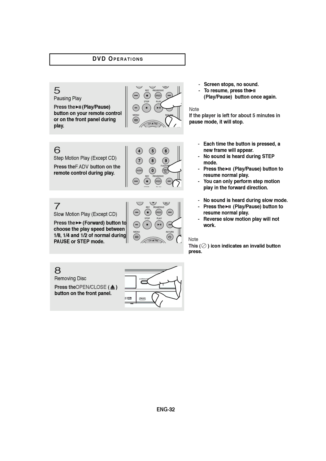 Samsung DVD-V5650B instruction manual Pausing Play, Step Motion Play Except CD, Slow Motion Play Except CD, Removing Disc 