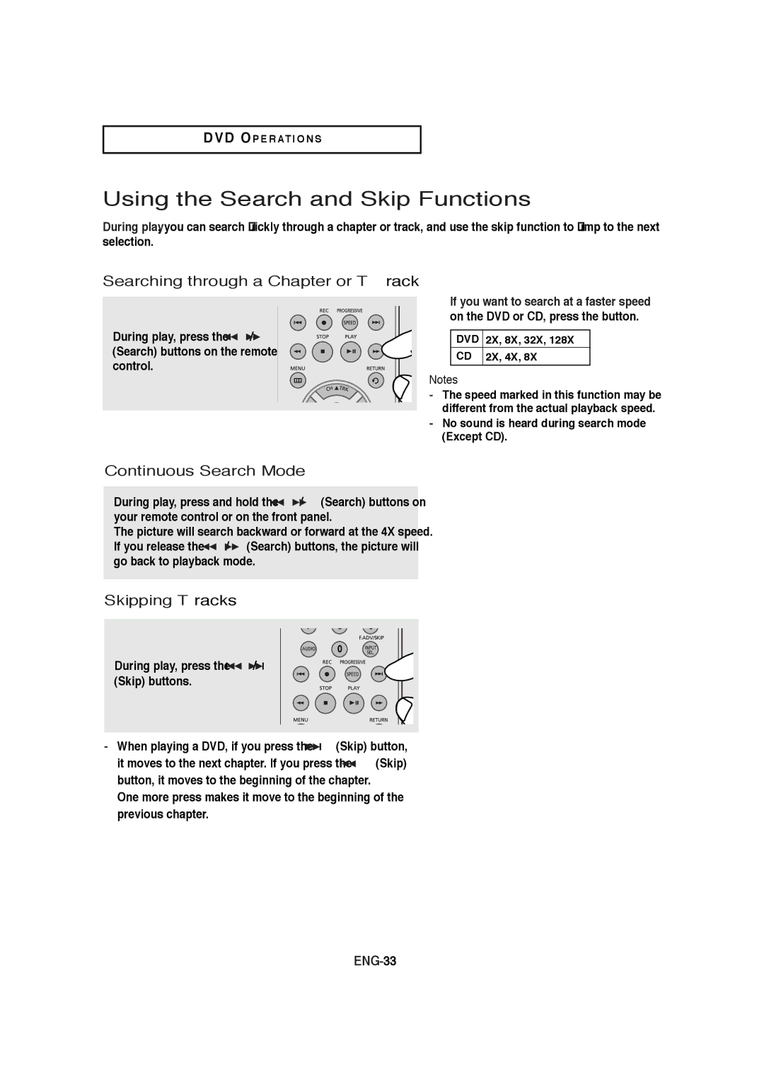 Samsung DVD-V5650 Using the Search and Skip Functions, Searching through a Chapter or Track, Continuous Search Mode 