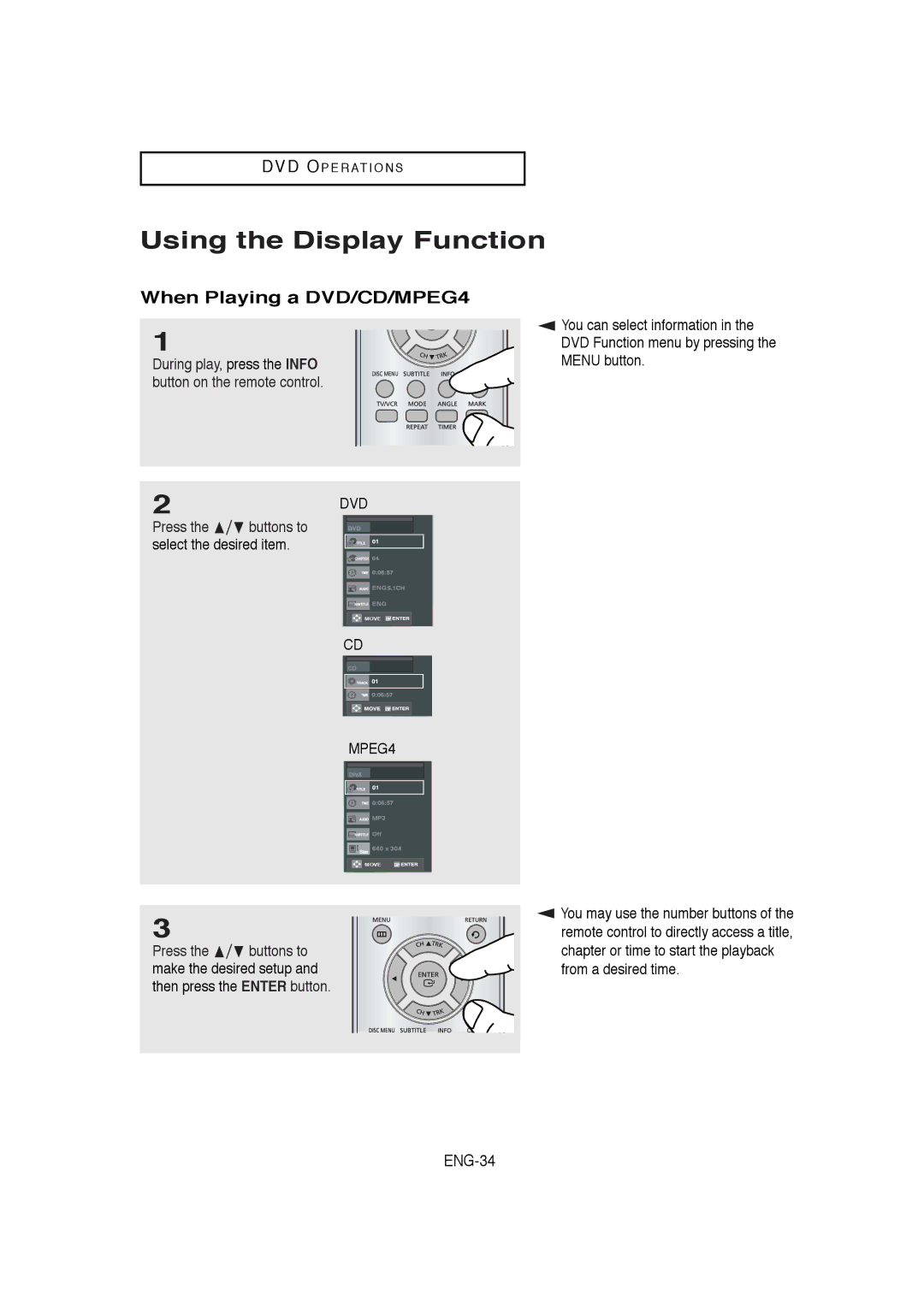 Samsung DVD-V5650B instruction manual Using the Display Function, When Playing a DVD/CD/MPEG4 