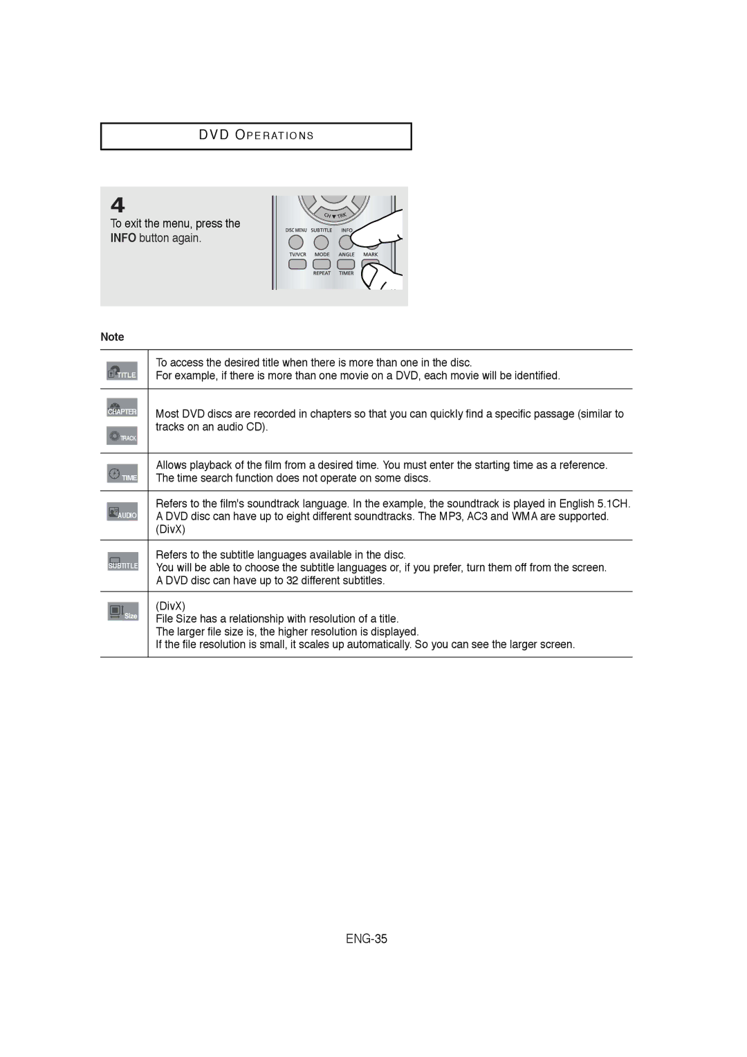 Samsung DVD-V5650B instruction manual To exit the menu, press, Info button again 