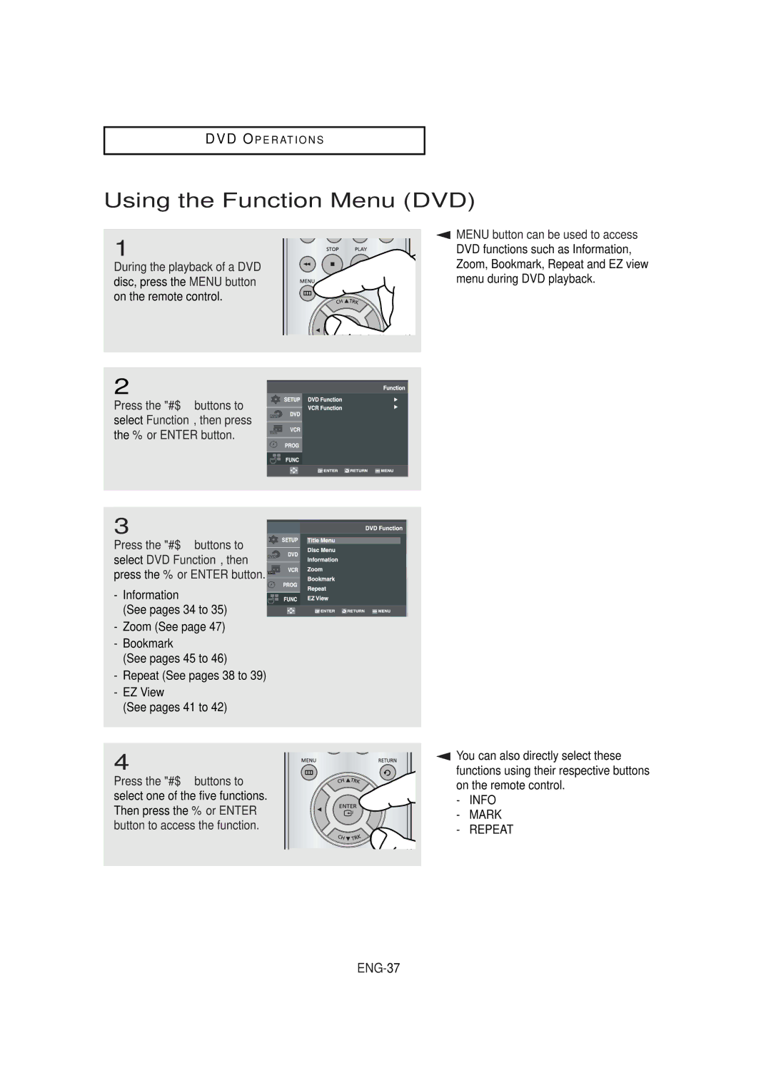 Samsung DVD-V5650B instruction manual Using the Function Menu DVD 