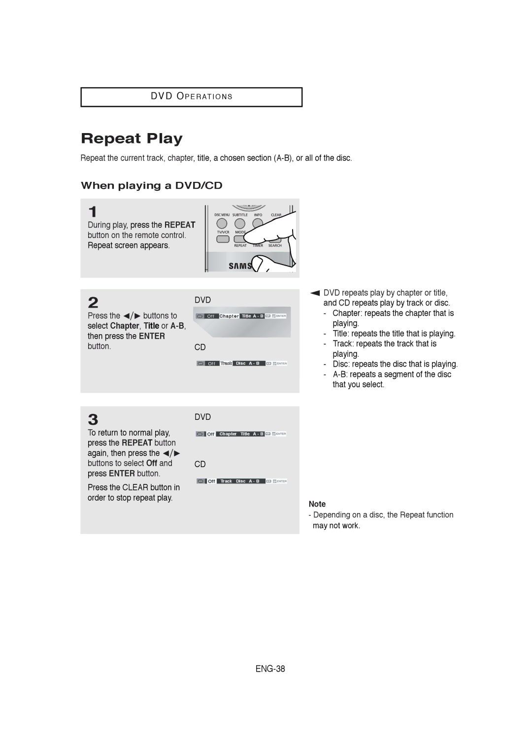 Samsung DVD-V5650B instruction manual Repeat Play, When playing a DVD/CD 