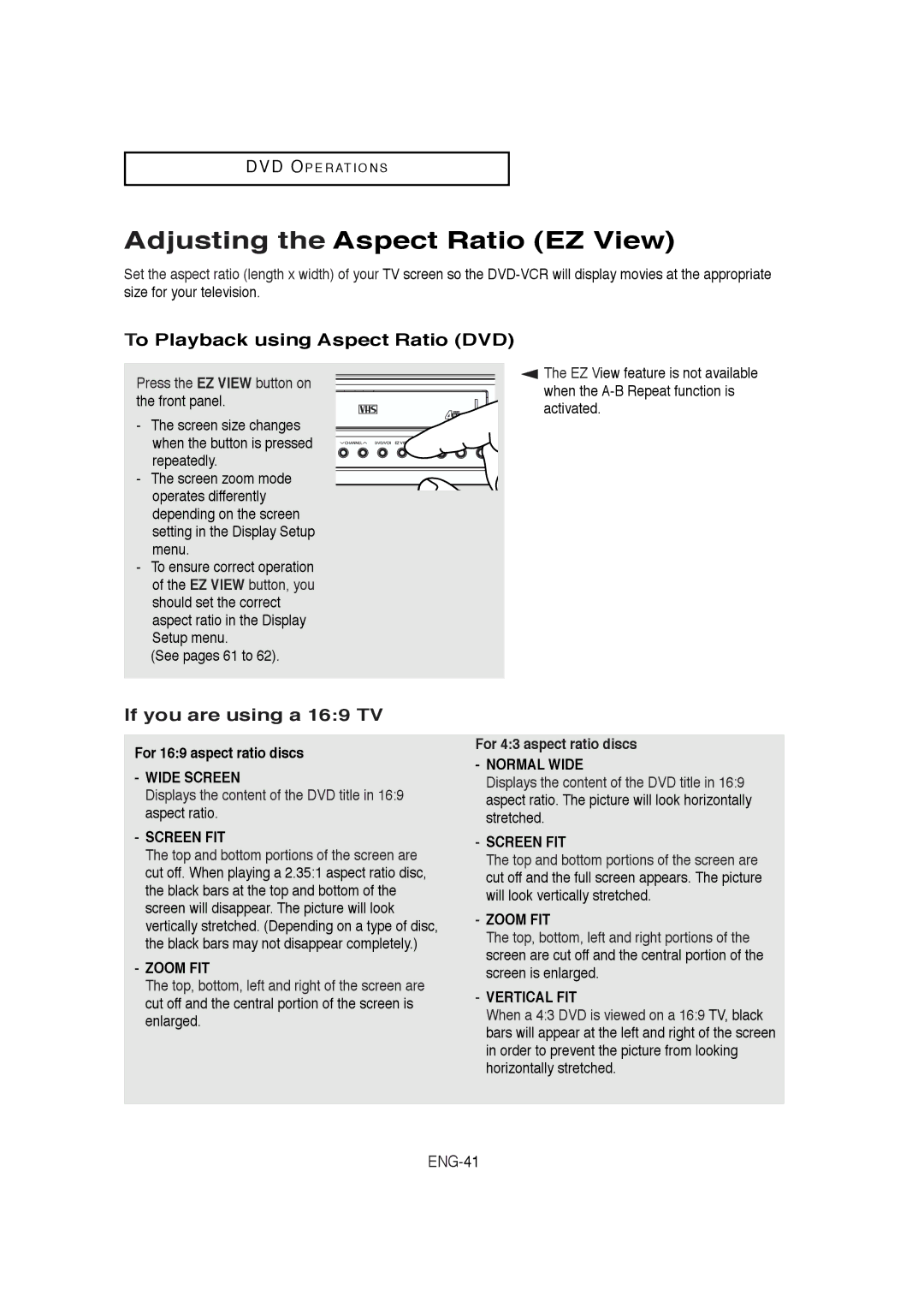 Samsung DVD-V5650 Adjusting the Aspect Ratio EZ View, To Playback using Aspect Ratio DVD, If you are using a 169 TV 