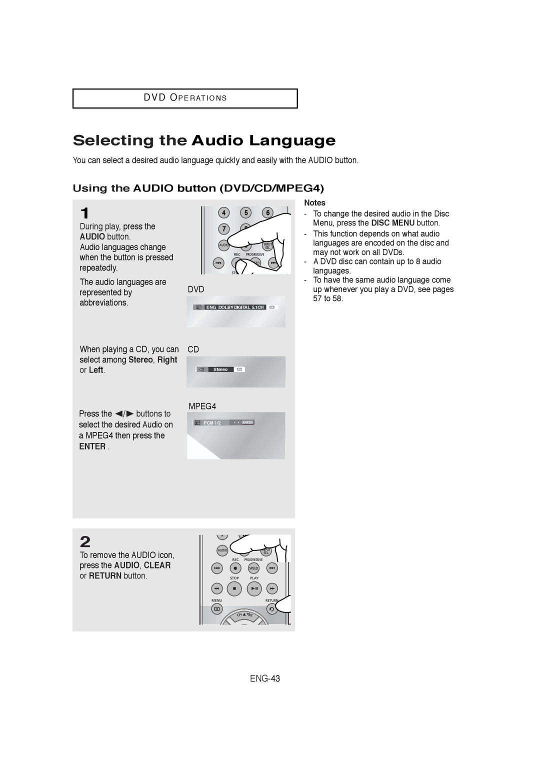 Samsung DVD-V5650 Selecting the Audio Language, Using the Audio button DVD/CD/MPEG4, During play, press the Audio button 