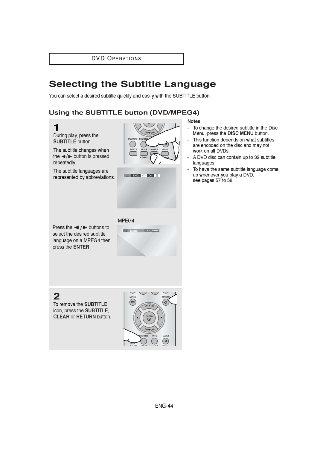 Samsung DVD-V5650B Selecting the Subtitle Language, Using the Subtitle button DVD/MPEG4, During play, press 