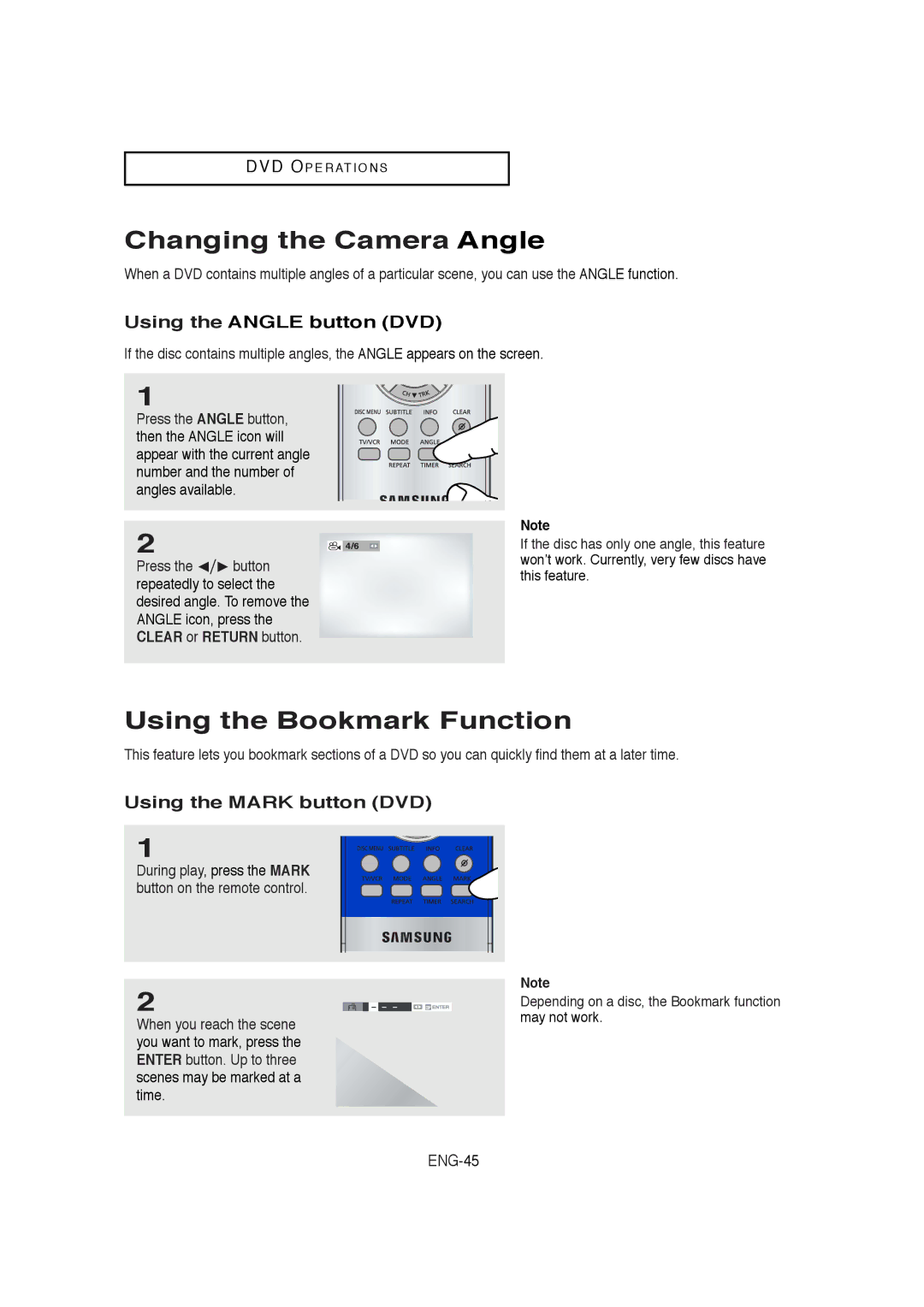 Samsung DVD-V5650B instruction manual Changing the Camera Angle, Using the Bookmark Function, Using the Angle button DVD 