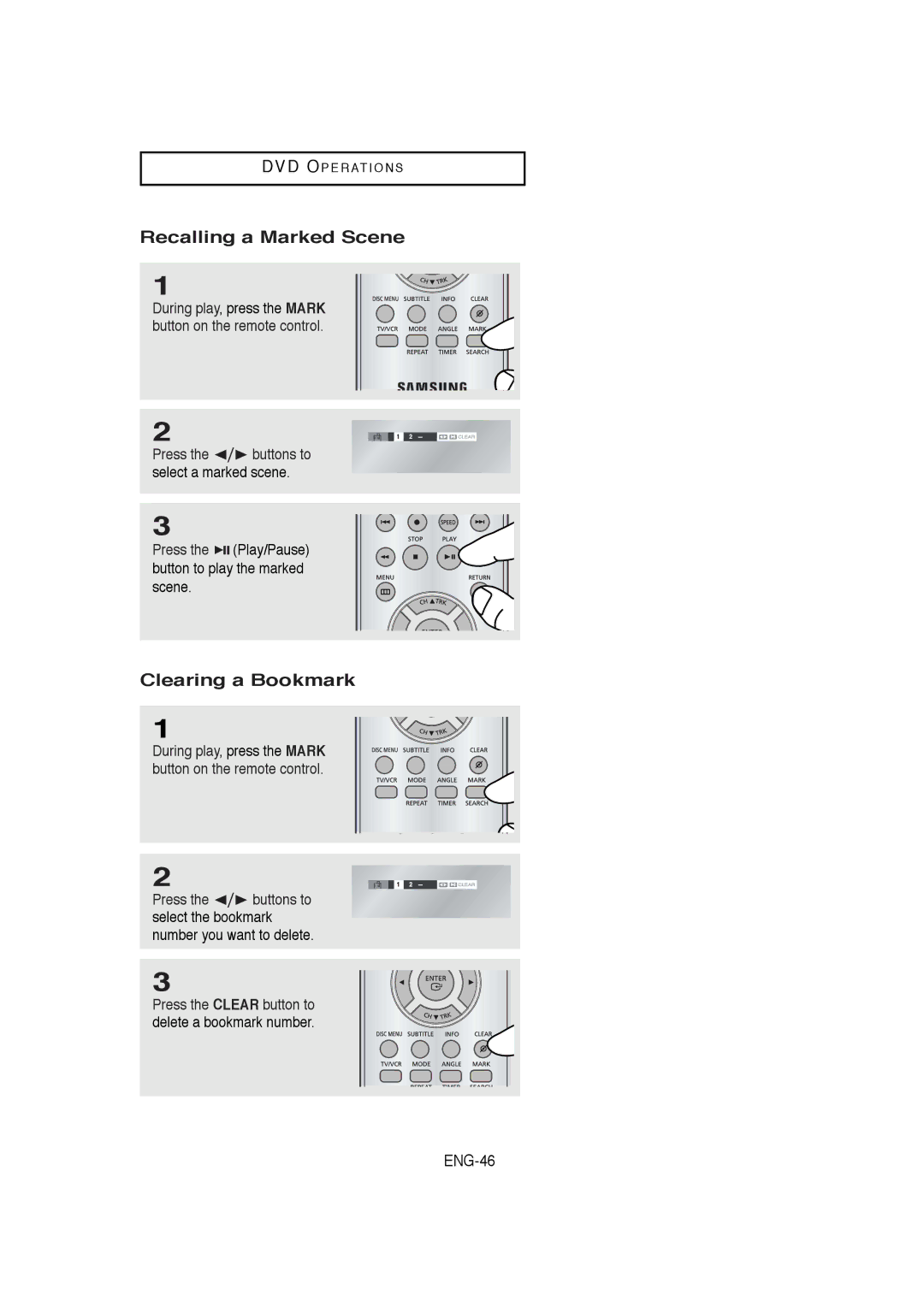 Samsung DVD-V5650B Recalling a Marked Scene, Clearing a Bookmark, Press the Play/Pause button to play the marked scene 