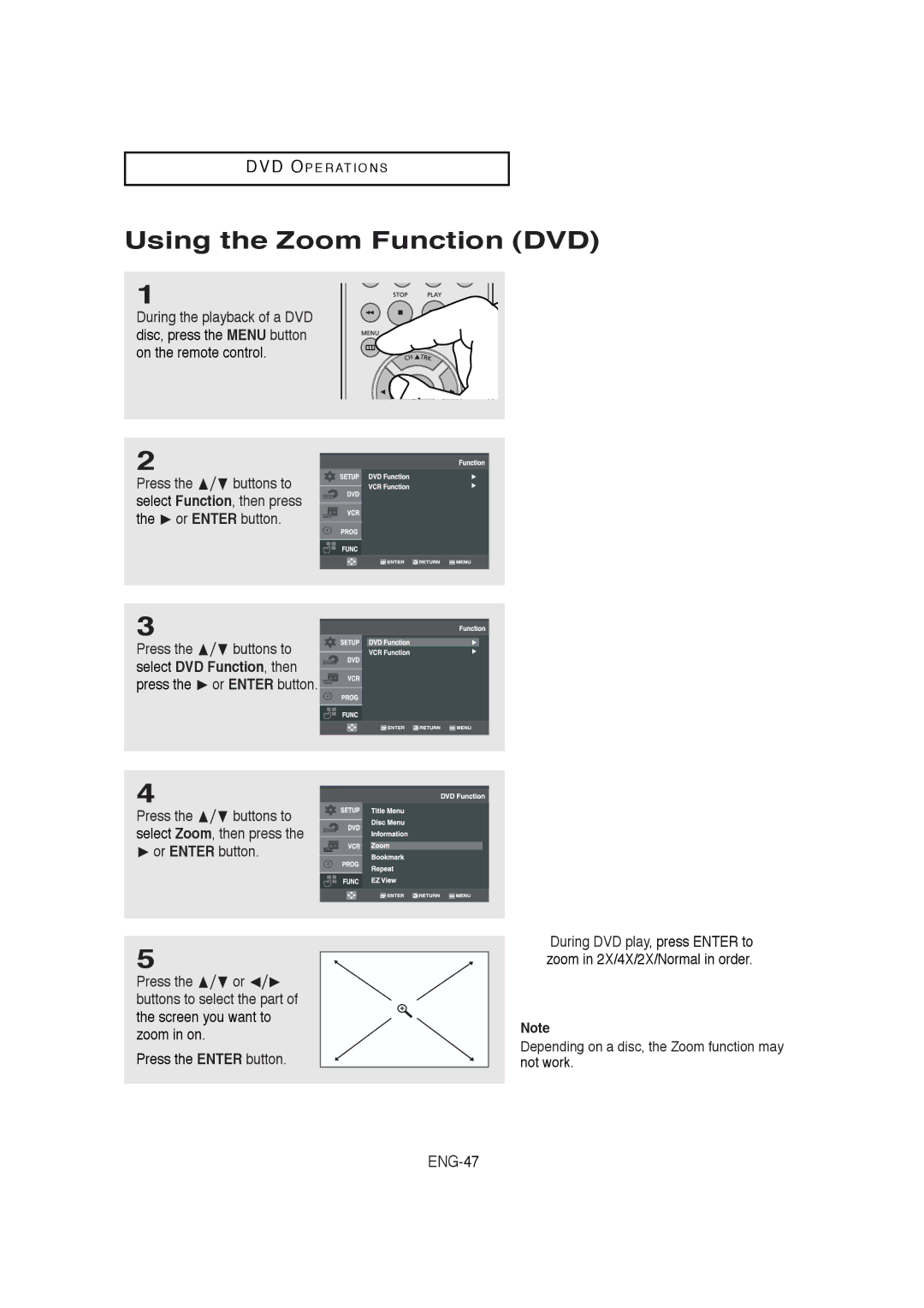 Samsung DVD-V5650B instruction manual Using the Zoom Function DVD, Press the % or Enter button 