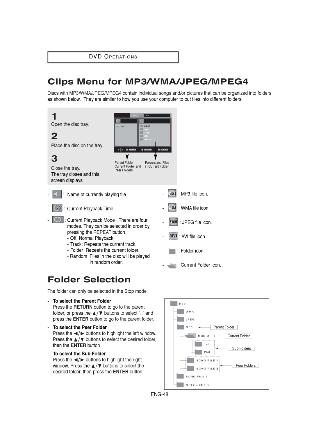 Samsung DVD-V5650B instruction manual Clips Menu for MP3/WMA/JPEG/MPEG4, Folder Selection, To select the Parent Folder 